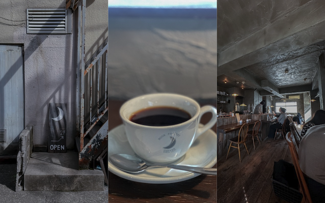 MOON FACTORY COFFEEの外観とコーヒーと内観